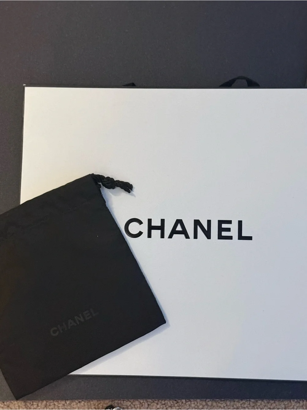 CHANEL White and Black Logo Paper Shopping Bag